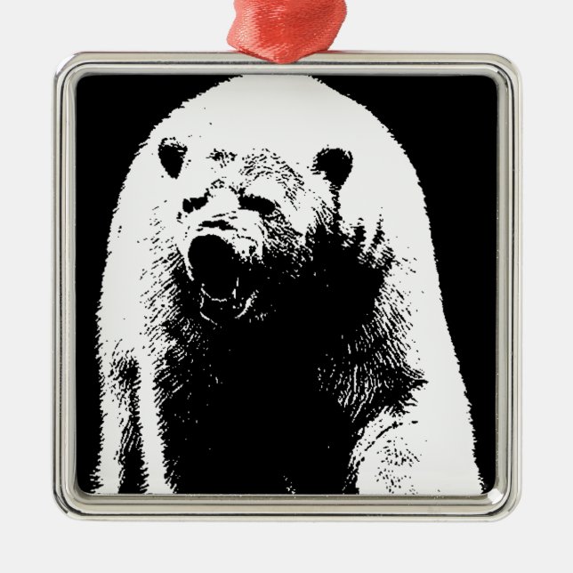 Schwarzer und weißer Pop Art Polar Bär Silbernes Ornament (Vorne)