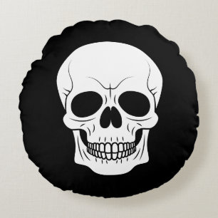 Schwarzer und weißer Totenkopf grinst Halloween Rundes Kissen
