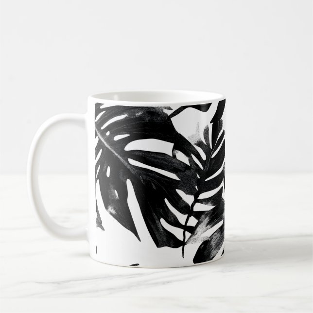 🖤 Schwarzer und weißer tropischer 🌿 Kaffeetasse (Links)