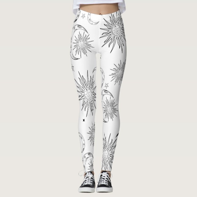 Schwarzer und weißer Whimsischer Sonnenmond und -s Leggings (Vorderseite)