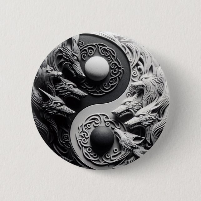 Schwarzer und weißer Wolf Button (Vorderseite)