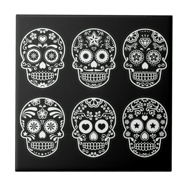 Schwarzer und weißer Zuckerschädel Fliese (Vorderseite)