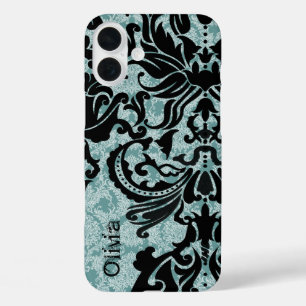 Schwarzer Vektor Damast Vintage Blau iPhone 16 Plus Hülle