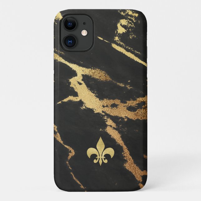 Schwarzer vergoldeter Marmor mit Fleur de lis Case-Mate iPhone Hülle (Rückseite)