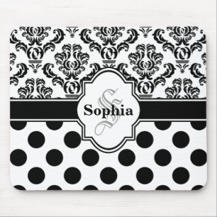 Schwarzer Vintage-Damask mit süßen Punkten Mousepad