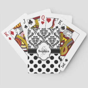 Schwarzer Vintage-Damask mit süßen Punkten Spielkarten