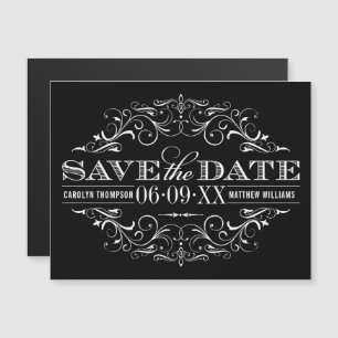 Schwarzer Vintage-Scrollwork-Save-Date-Magnet Magnetkarte