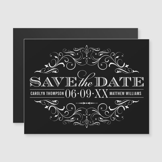 Schwarzer Vintage-Scrollwork-Save-Date-Magnet Magnetkarte (Vorne/Hinten)