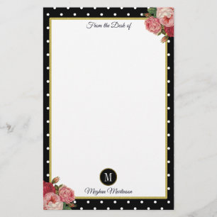 Schwarzer Vintager Floral Polka Dots Monogramm Nam Briefpapier