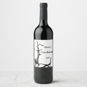 Schwarzer Vogel auf Baumast-weißer Wein-Aufkleber Weinetikett