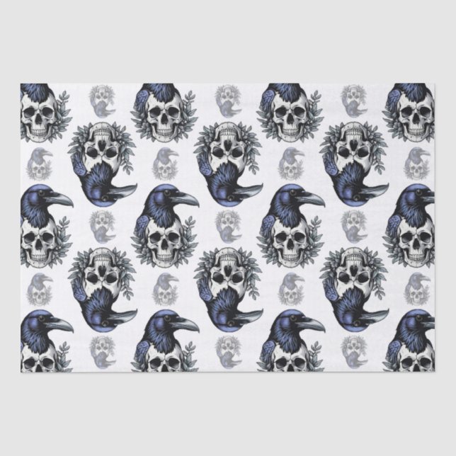 Schwarzer Vogel auf einem Skull-Goth-Muster Seidenpapier (Vorderseite)