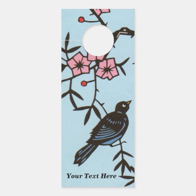 Schwarzer Vogel in Kirschbaum Pink Blossom Blume Türanhänger (Vorderseite)