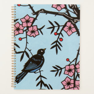 Schwarzer Vogel in Kirschbaum Rosa Blüten Rote Ber Planer