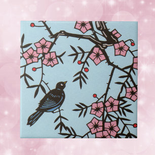 Schwarzer Vogel Kirschblütenbaum Fliese