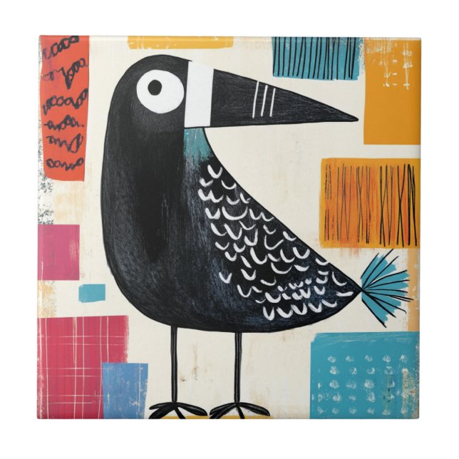 Schwarzer Vogel Moderne Kunst Fliese (Vorderseite)