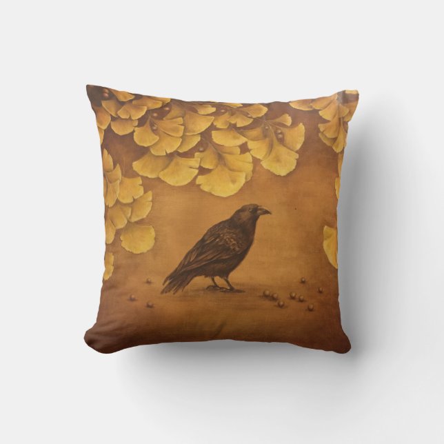 Schwarzer Vogel und goldene Ginkgo-Blätter Kissen (Vorderseite)
