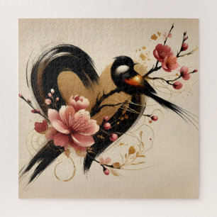 Schwarzer Vogel und Kirschblütenherz Puzzle