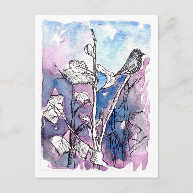 Schwarzer Vogelbaum Blätter Winter Zeichnend Wasse Postkarte (Vorderseite)