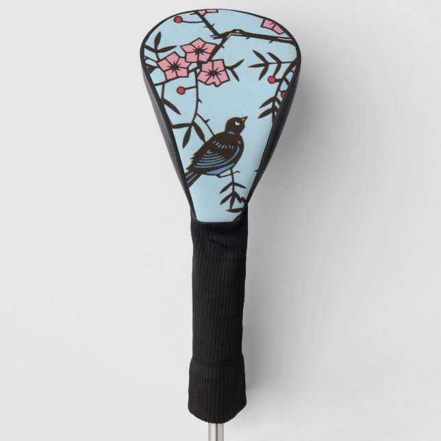 Schwarzer Vogelbaum Kirschen Rosa Blüten Blau Golf Headcover (Vorderseite)