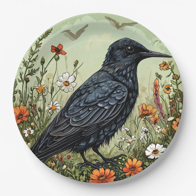 Schwarzer Vogelschwarm blühende Blume Pappteller (Vorderseite)