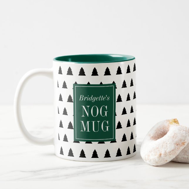 Schwarzer Weihnachtsbaum Gemustert Personalisiert Zweifarbige Tasse (Mit Donut)