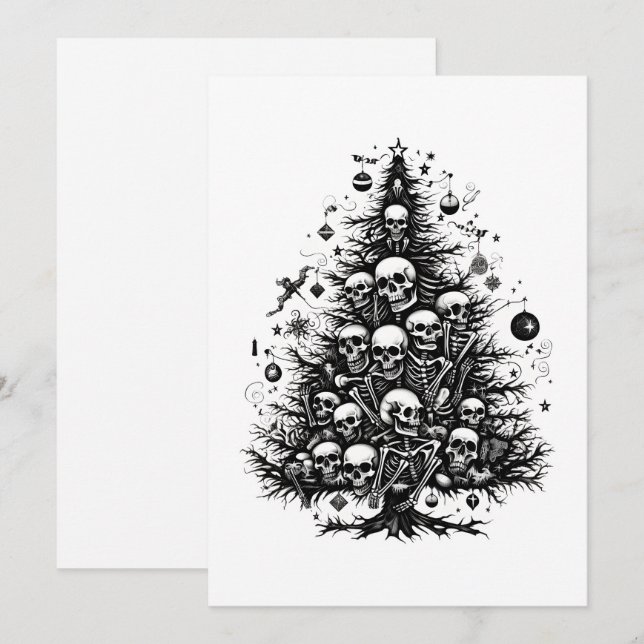 Schwarzer Weihnachtsbaum Skulpturen und Knochen Feiertagskarte (Vorne/Hinten)