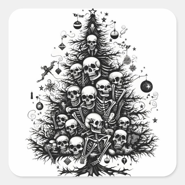Schwarzer Weihnachtsbaum Skulpturen und Knochen Quadratischer Aufkleber (Vorderseite)