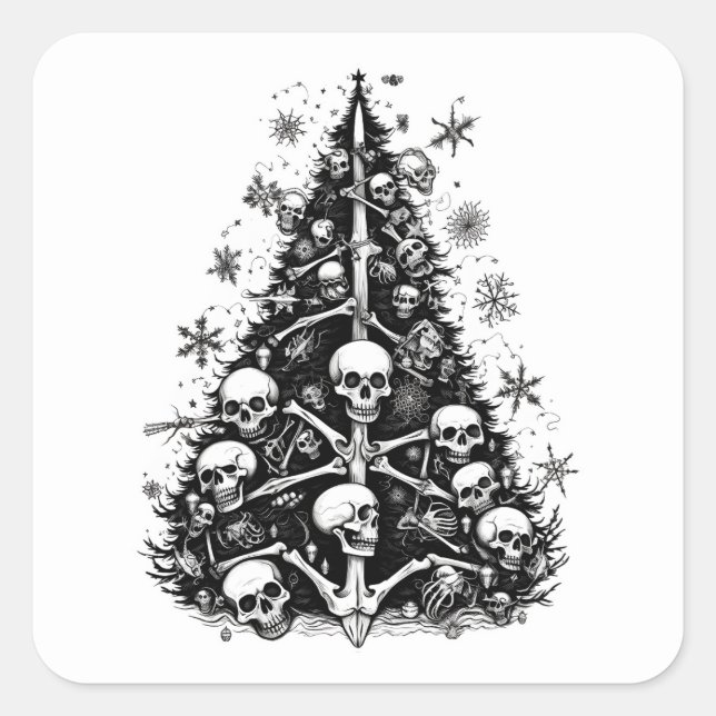 Schwarzer Weihnachtsbaum Skulpturen und Knochen Quadratischer Aufkleber (Vorderseite)