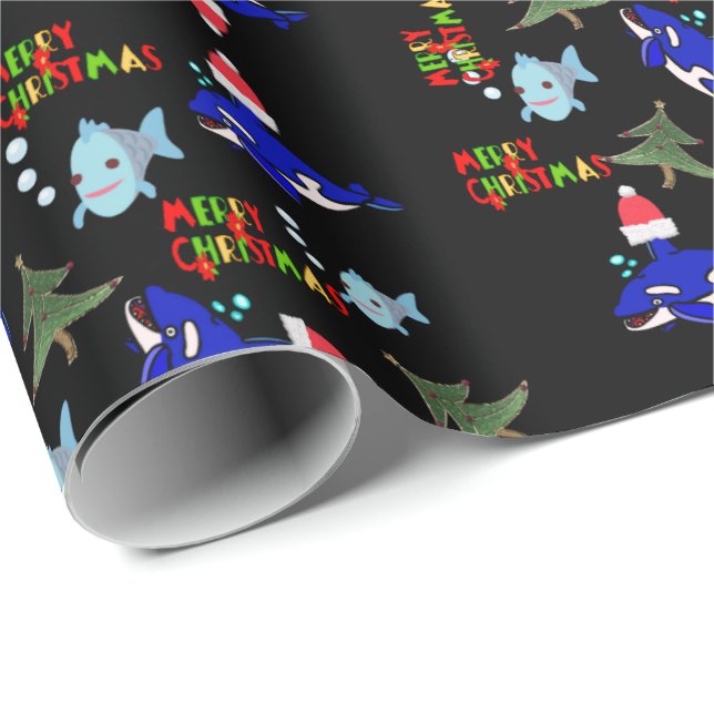 Schwarzer Weihnachtshai Fish Wrapping Paper Geschenkpapier (Rolleneckpunkt)