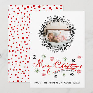 Schwarzer Weihnachtskranz, Skript-Typografie-Foto Feiertagskarte