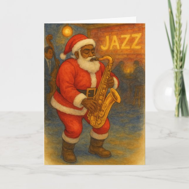 Schwarzer Weihnachtsmann Jazz Saxophon Weihnachtsk Karte (Vorderseite)
