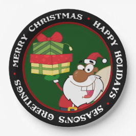 Schwarzer Weihnachtsmann mit Geschenken Pappteller