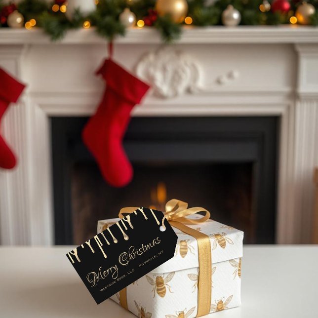Schwarzer Weihnachtsschild Gold tropfender Honig Geschenkanhänger (Von Creator hochgeladen)