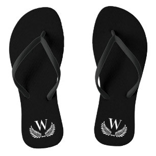 Schwarzer weißer Lorbeerkranz Monogramm Anfangsbuc Flip Flops