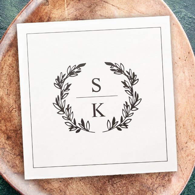 Schwarzer Weißer Lorbeerkranz Monogramm Hochzeit Serviette (Von Creator hochgeladen)