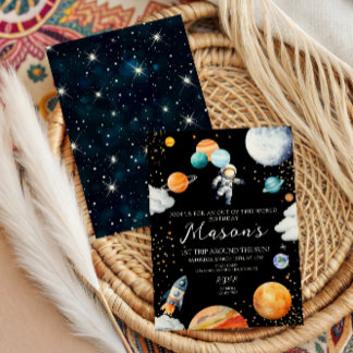 Schwarzer Weltraum Astronaut Ballon Planeten 1. Re Einladung