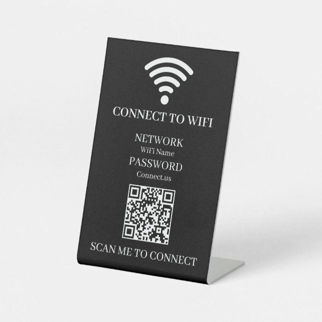 Schwarzer WiFi-QR-Code | Scannen zum Verbinden mit Sockelschild (Vorderseite)
