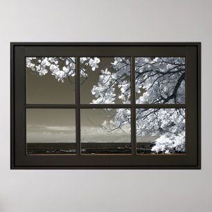 Schwarzer WIndow Rahmen Ominous White Tree Blossom Poster