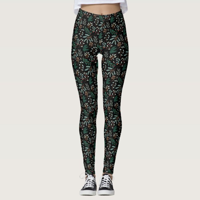 Schwarzer Winter Botanisches Muster Leggings (Vorderseite)