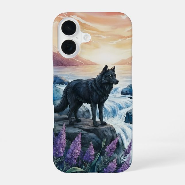 schwarzer Wolf am Wasserfall bei Sonnenaufgang  iPhone 16 Hülle (Rückseite)