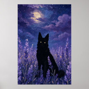 Schwarzer Wolf auf Lavendelfeld Poster