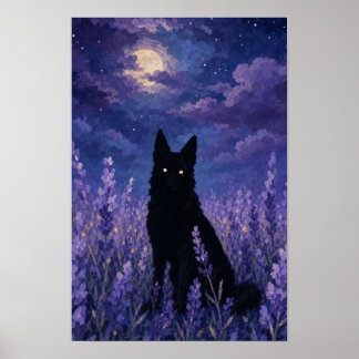 Schwarzer Wolf auf Lavendelfeld Poster