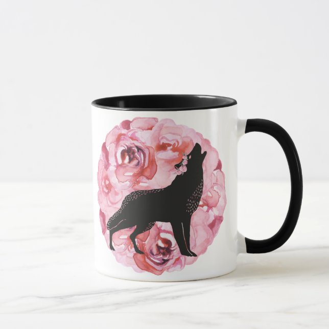 Schwarzer Wolf-dunkle rosa Rosen-Tasse Tasse (Rechts)