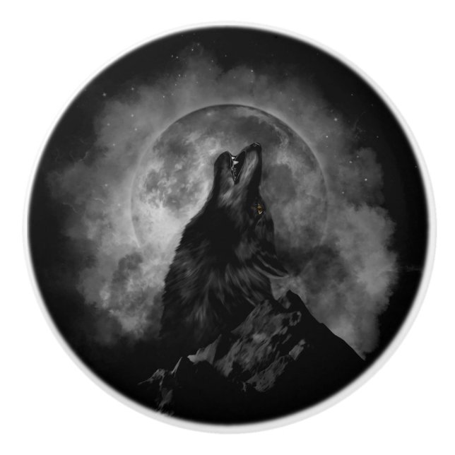 Schwarzer Wolf Howling Black & White Keramikknauf (Vorderseite)