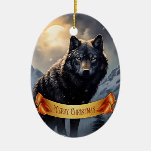 Schwarzer Wolf im Snowy Mountains Keramik Ornament