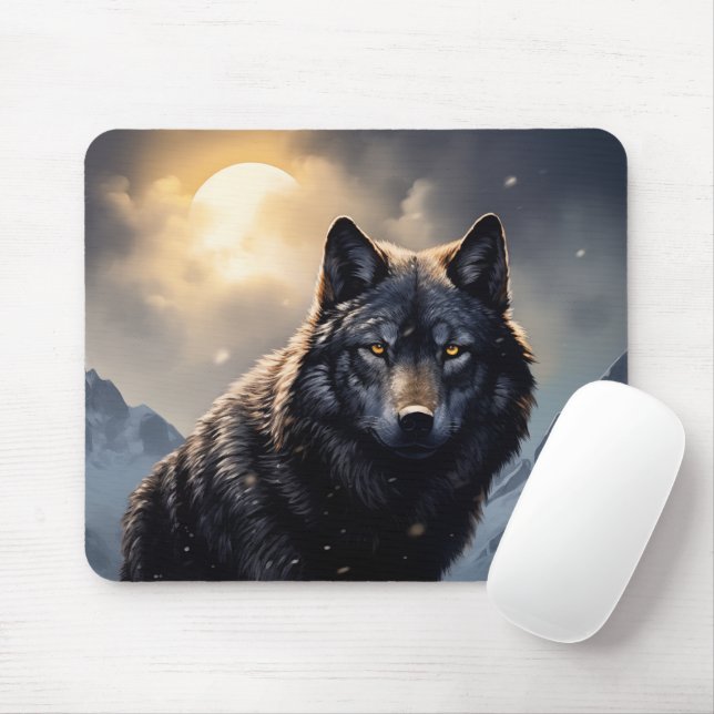 Schwarzer Wolf im Snowy Mountains Mousepad (Mit Mouse)