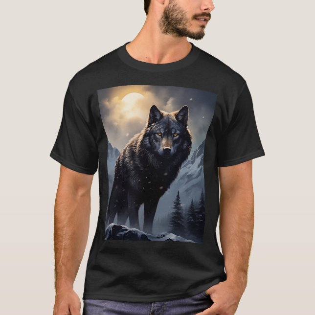 Schwarzer Wolf im Snowy Mountains T-Shirt (Vorderseite)