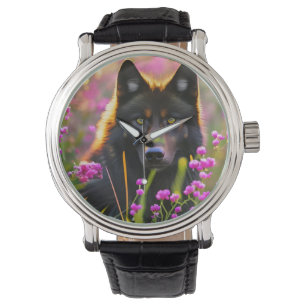Schwarzer Wolf in rosa Blume Armbanduhr