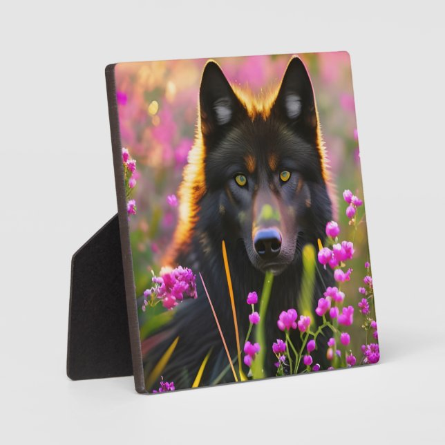 Schwarzer Wolf in rosa Blume Fotoplatte (Vorderseite)