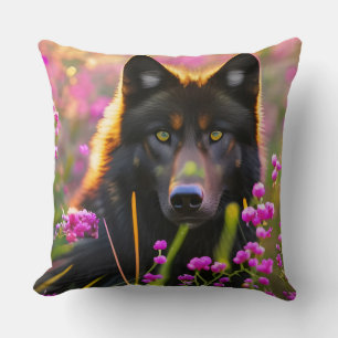 Schwarzer Wolf in rosa Blume Kissen